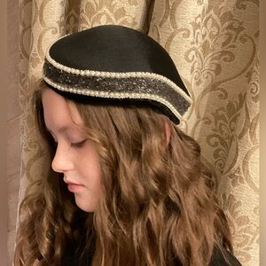 Vintage 1950’s Elegant Black Beaded Women's Crescent Hat